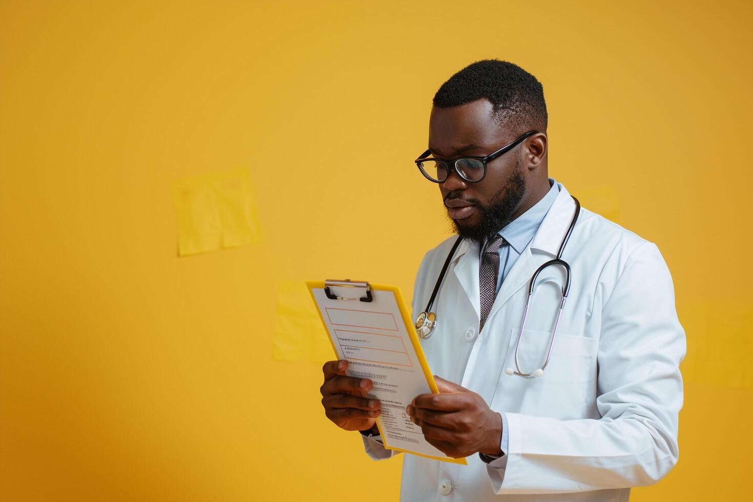 Doctor Consulting with Patient Chart in  Background Professional Medical Environment photo