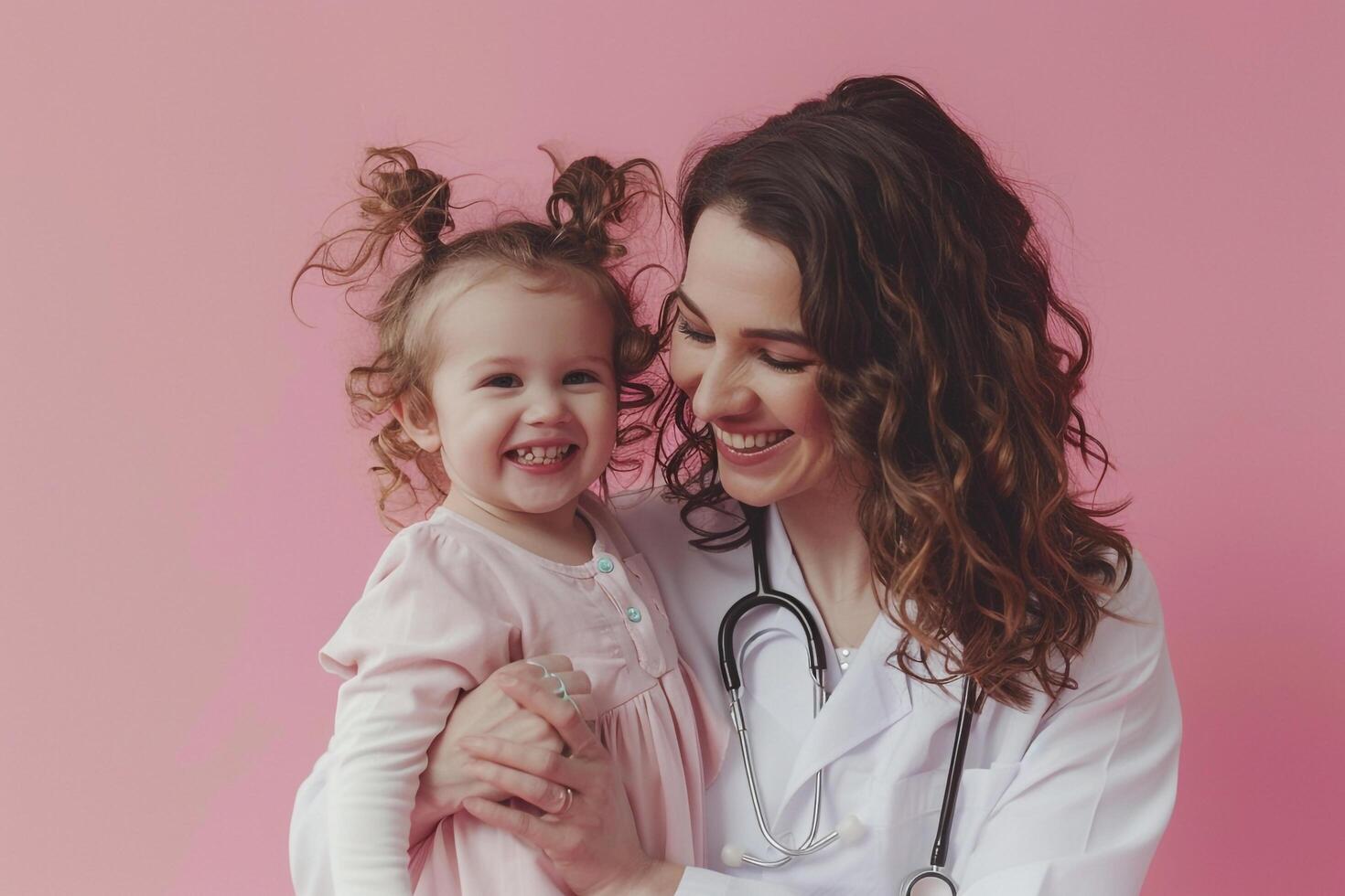 Pediatric Doctor with Smiling Child on Pink Background photo