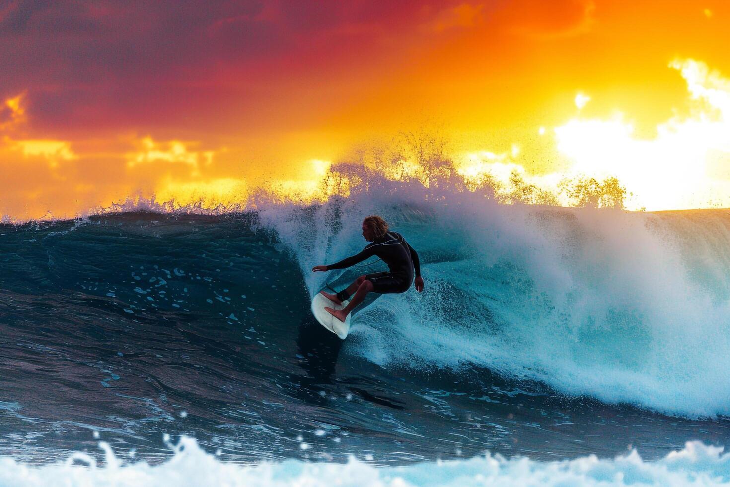 Surfer Riding Massive Wave at Sunset photo