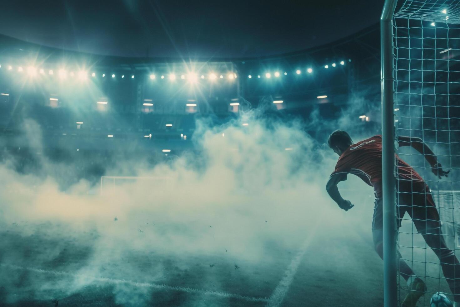 Soccer Player Scoring Winning Goal in Empty Stadium photo