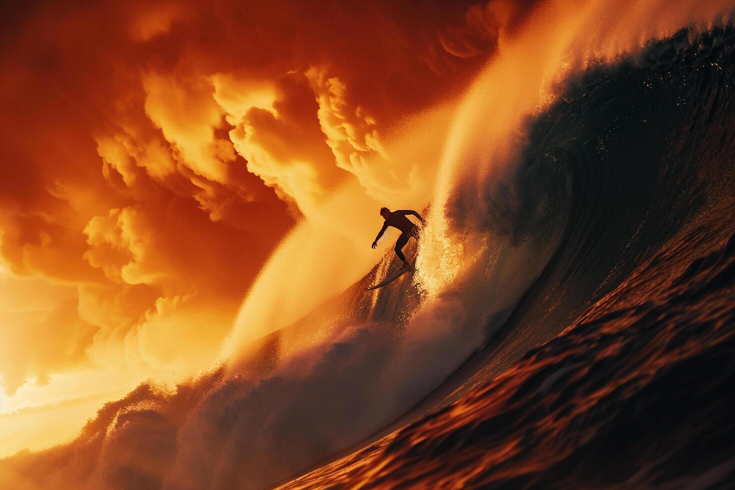 Surfer Riding a Massive Wave at Sunset with  Sky photo