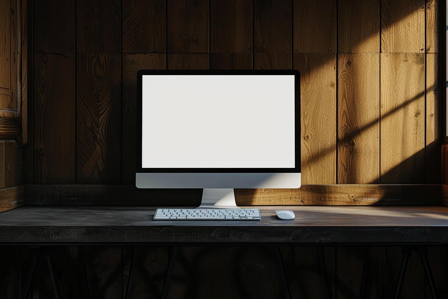 Computer monitor mockup with blank screen on a  cherry wood background photo