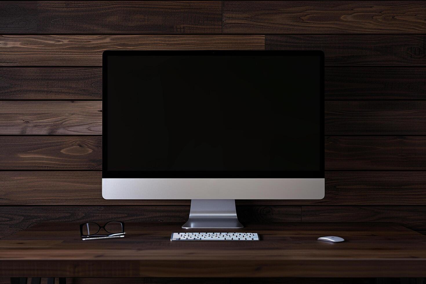 Computer monitor with blank screen on  walnut desk technology mockup background photo