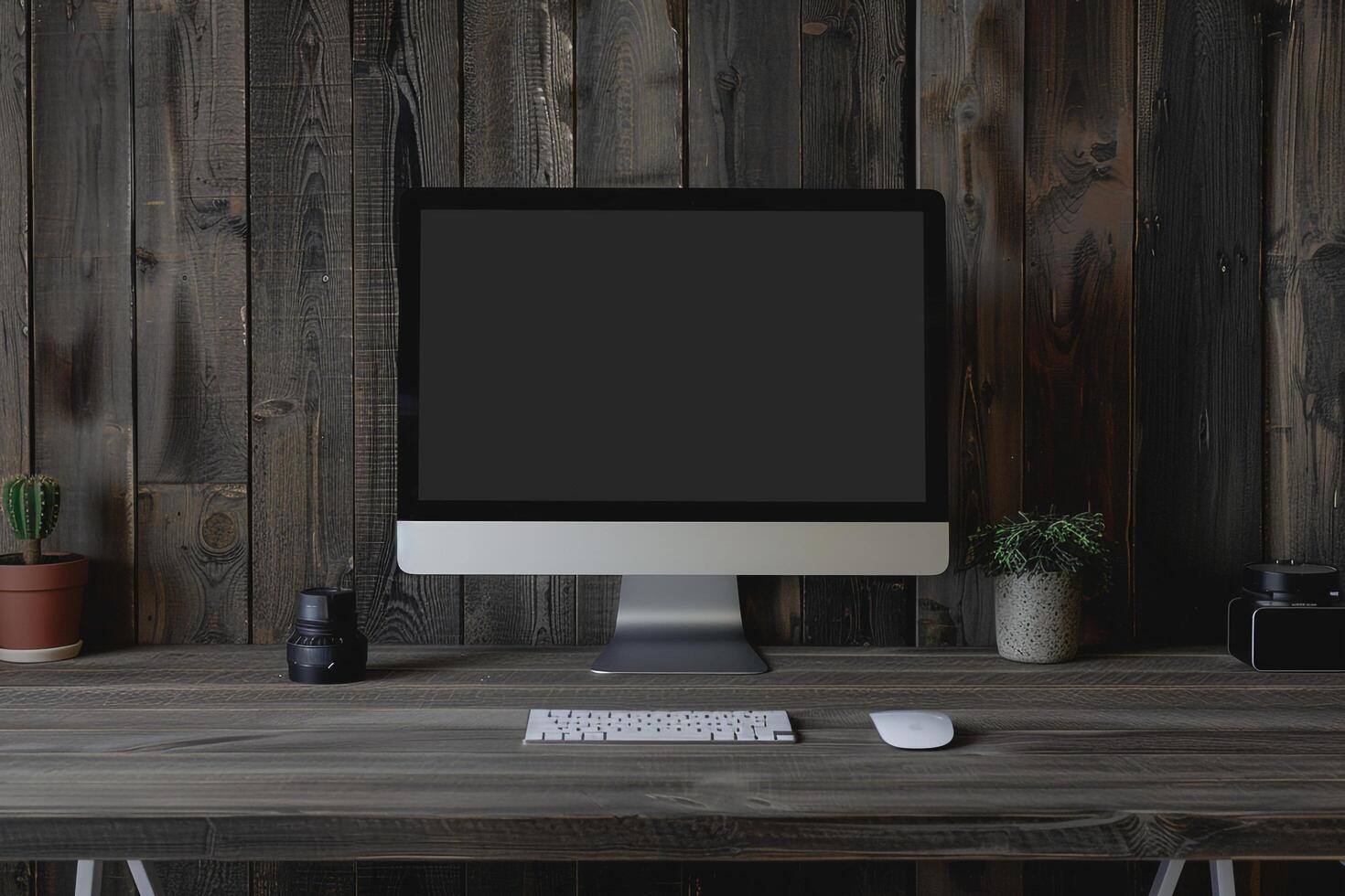 Computer monitor mockup with blank screen on deep walnut wood background photo