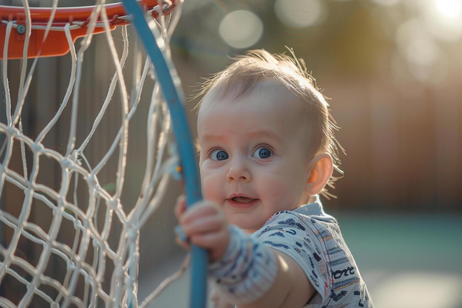 Baby Engaged in Play with a Basketball Hoop in a Joyful Activity photo