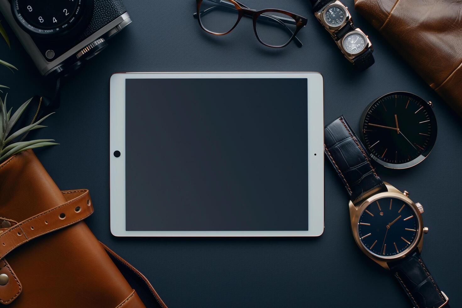 Tablet Screen Mockup Displaying a Classic Watch in a Professional Environment photo