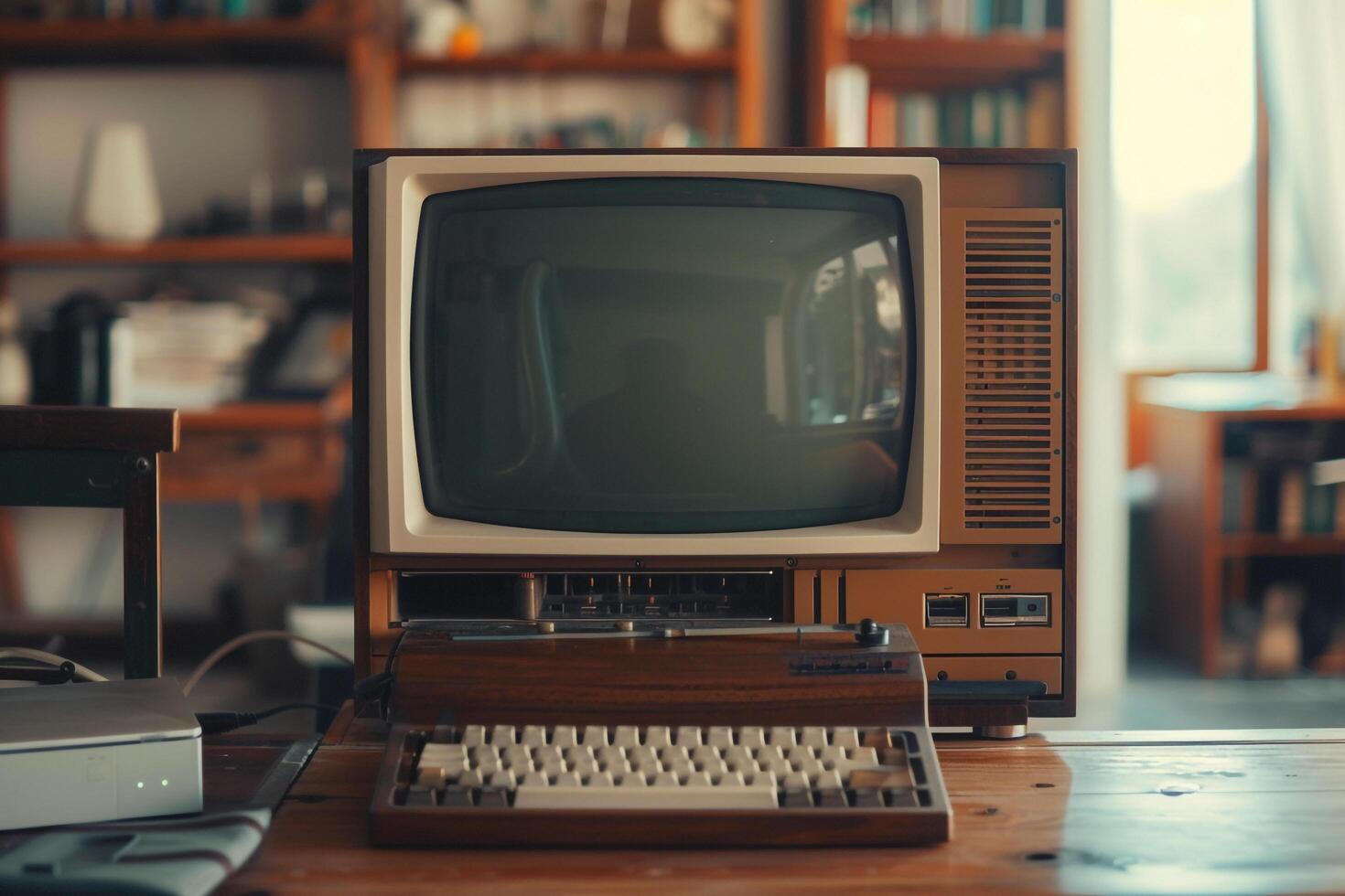 Vintage style desktop computer mockup with retro design and classic features photo