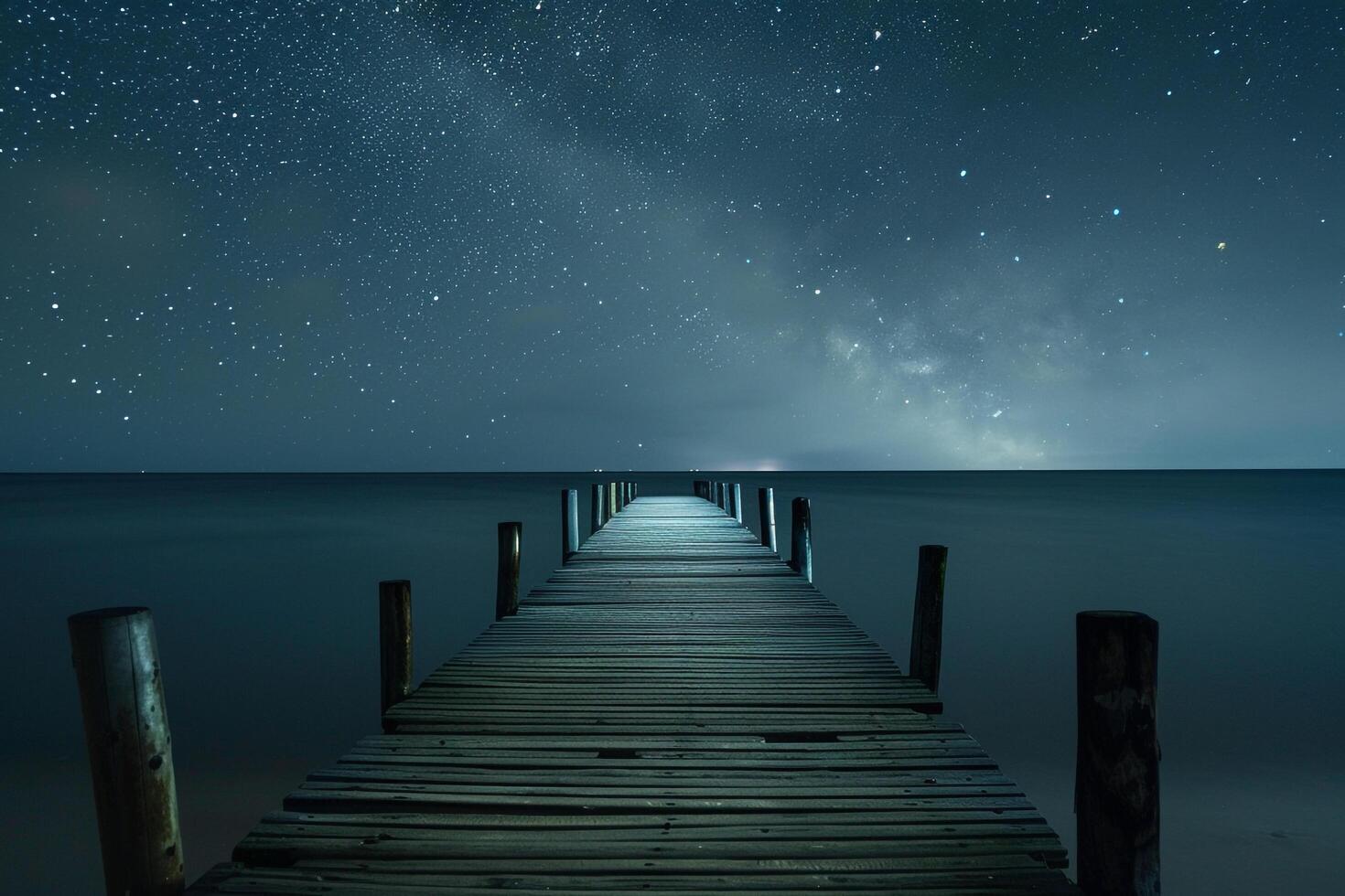 Wooden Beach Pier Extending into Calm Waters at Night Background photo