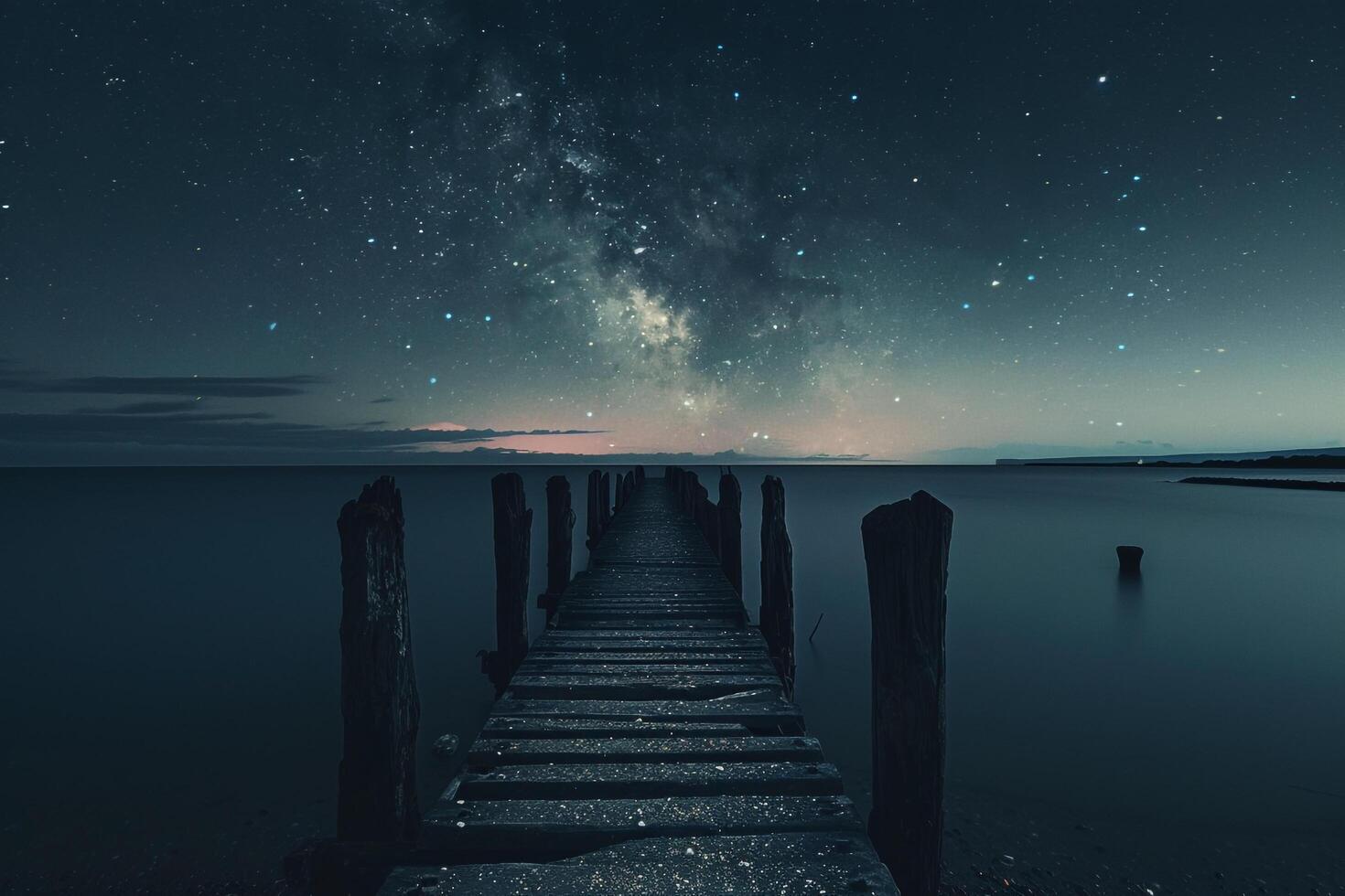 Beach Pier Extending into Calm Waters Under a Starry Night Sky Background photo