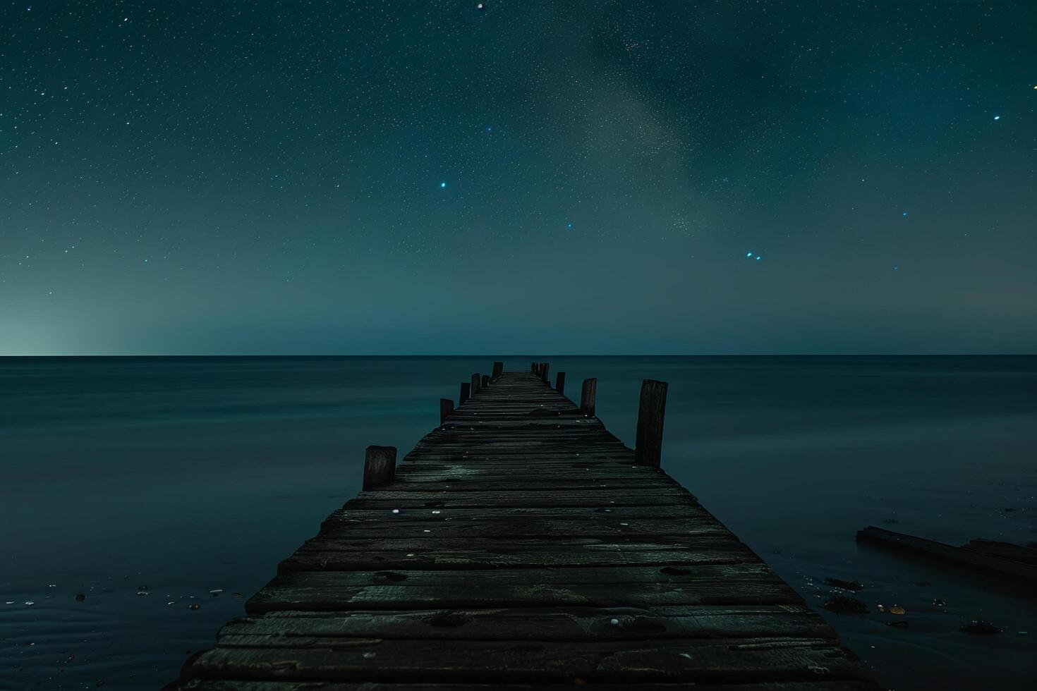 Vintage Beach Pier Extending into Calm Waters at Night with Starry Sky Background photo