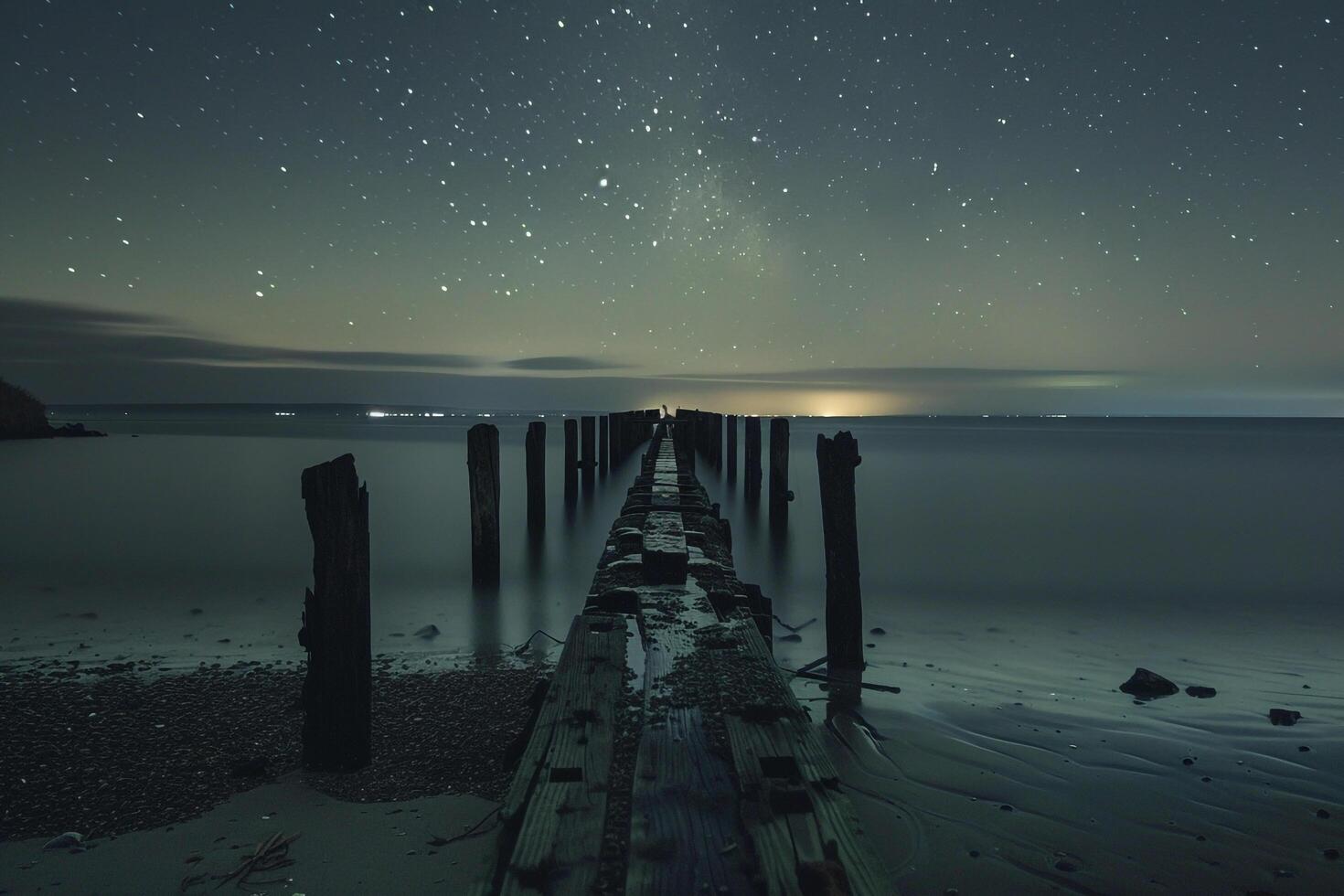 Classic Beach Pier Reaching into Calm Waters Under Starry Night Sky Background photo
