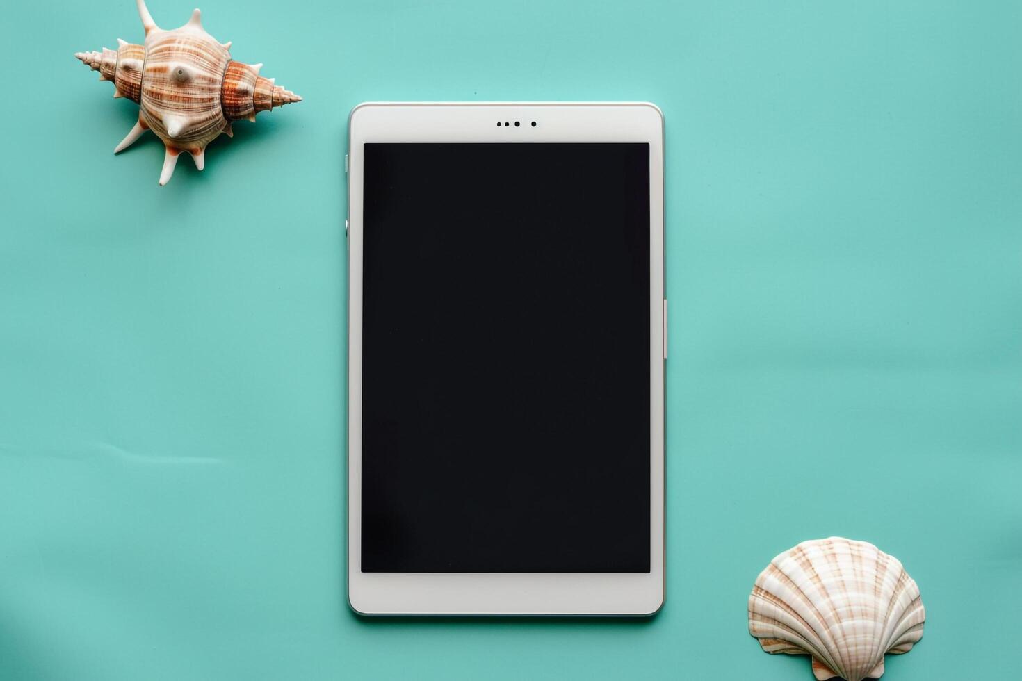 Seafoam Tablet Screen Mockup with Tech Background photo