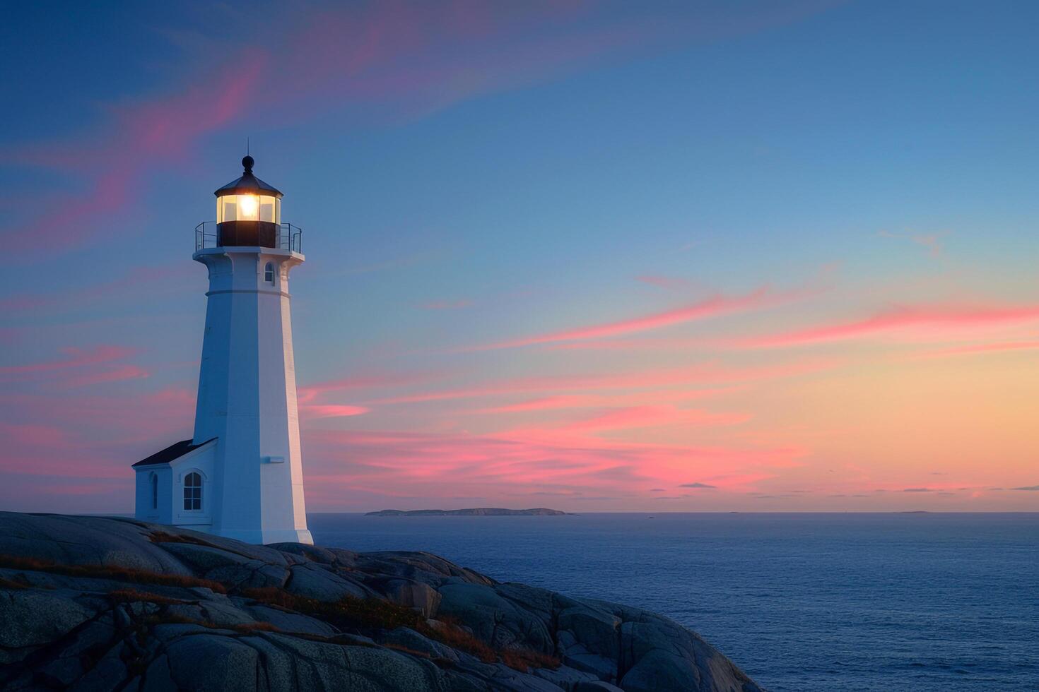 Lighthouse Overlooking Seascape at Twilight with Serene Ocean Background photo
