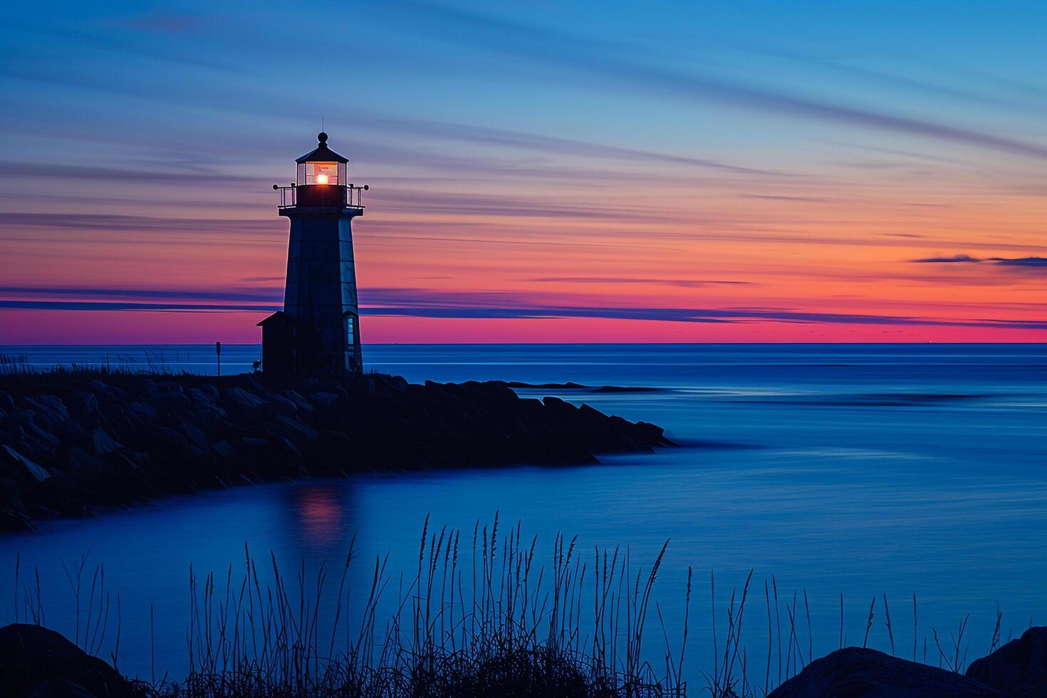 Twilight Lighthouse Overlooking Calm Seascape Background photo