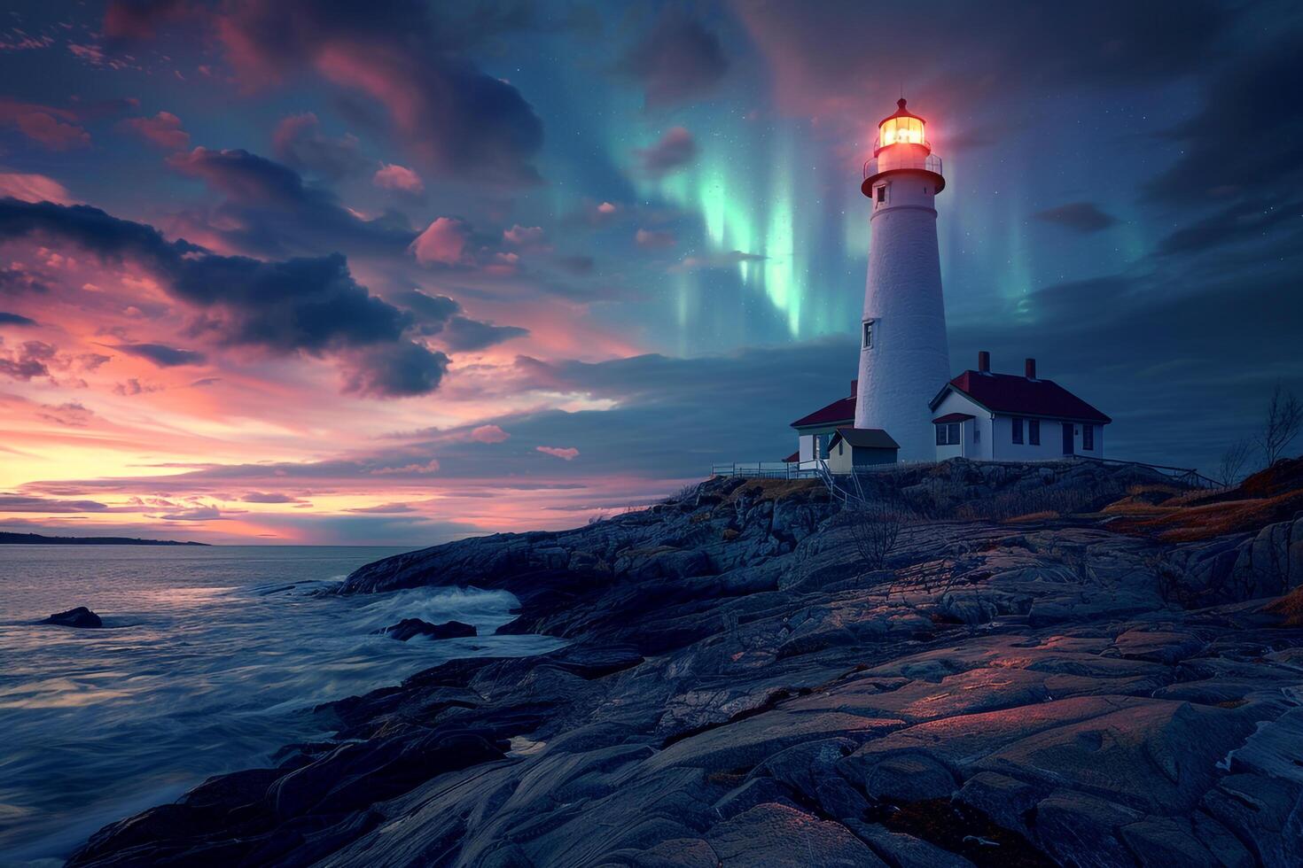 Lighthouse on Rocky Shore with Northern Lights and Twilight Sky Background photo