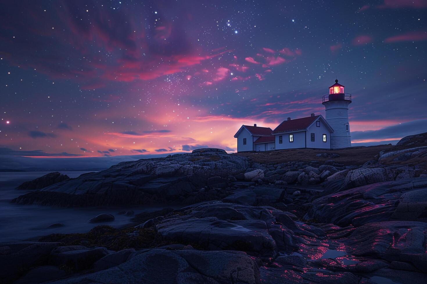 Rocky Shore Lighthouse with Twilight Sky and Northern Lights Background photo