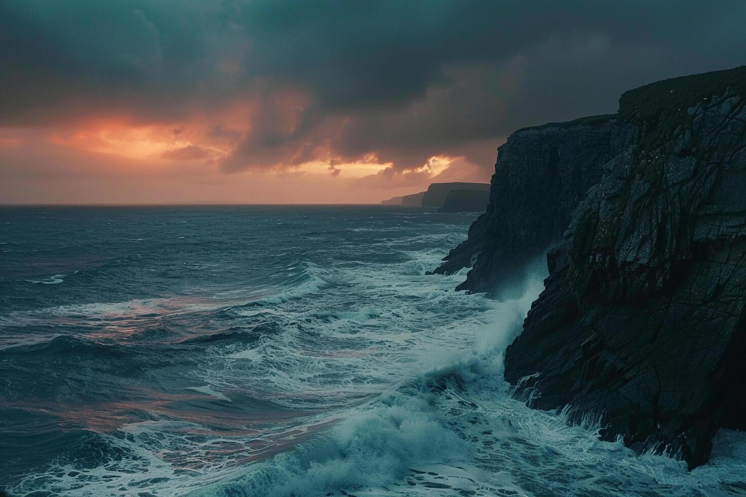 Sunset Over Rugged Rocky Shoreline with Cliffs and Crashing Waves Background photo
