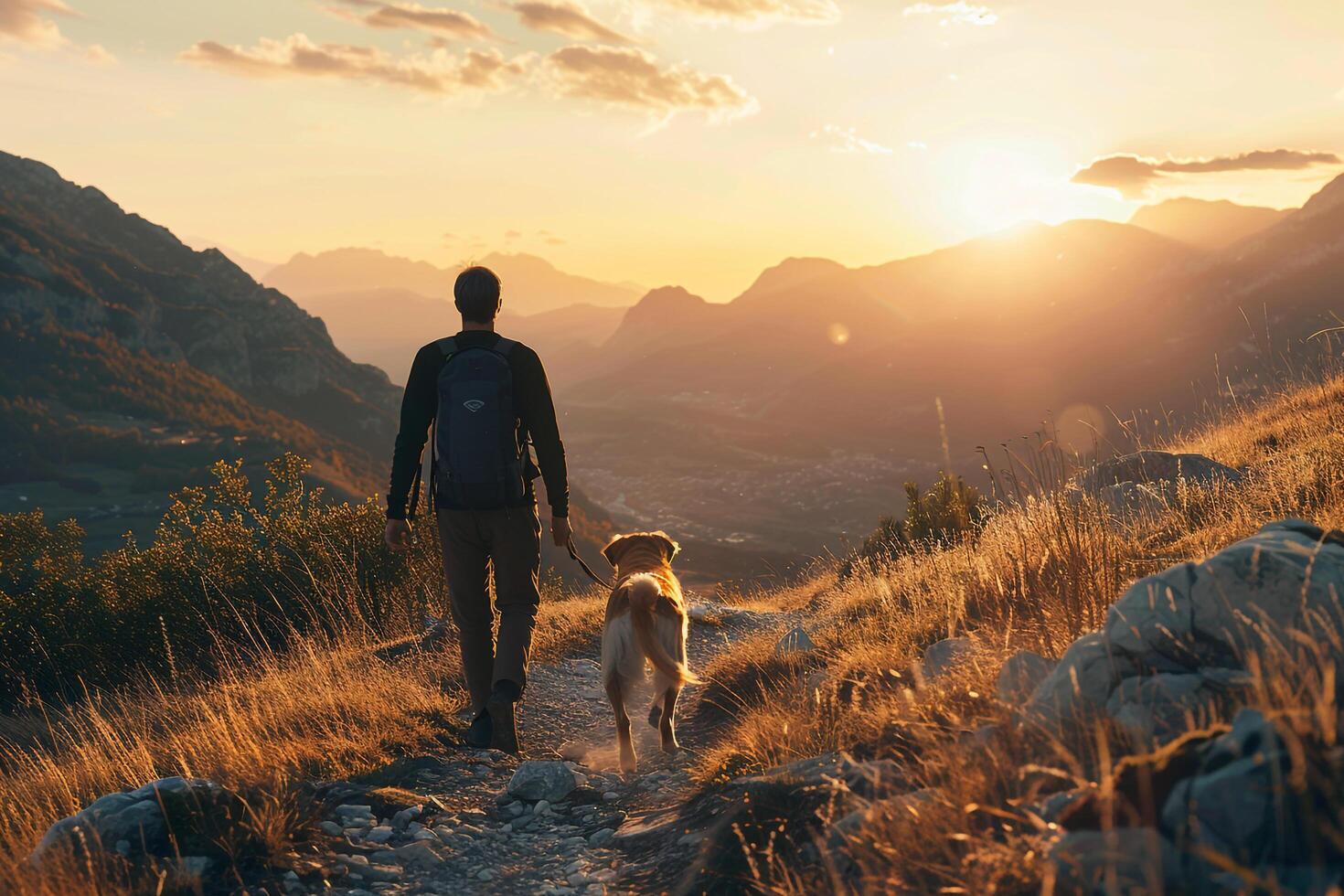 Dog and owner hiking along a mountain trail with scenics adventurous journey background photo