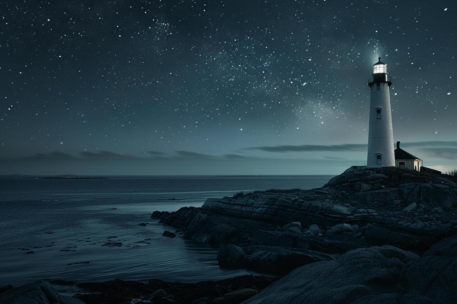 Tranquil lighthouse on rocky coastline under a starry night sky serene and peaceful background photo