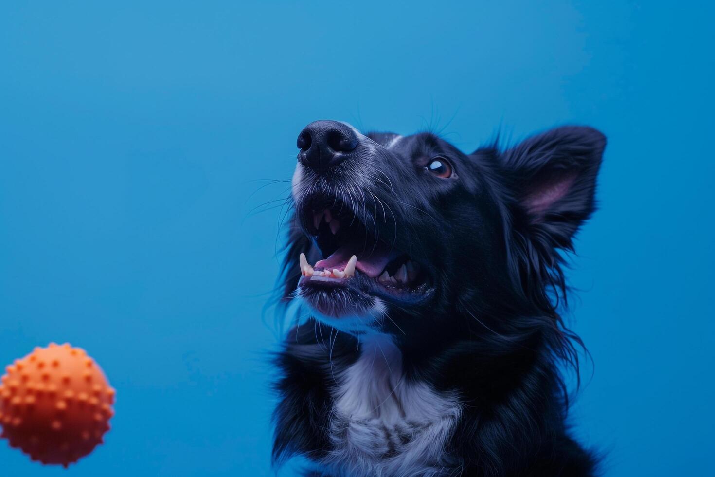 Dog playing with a toy on a cobalt blue background  and lively photo