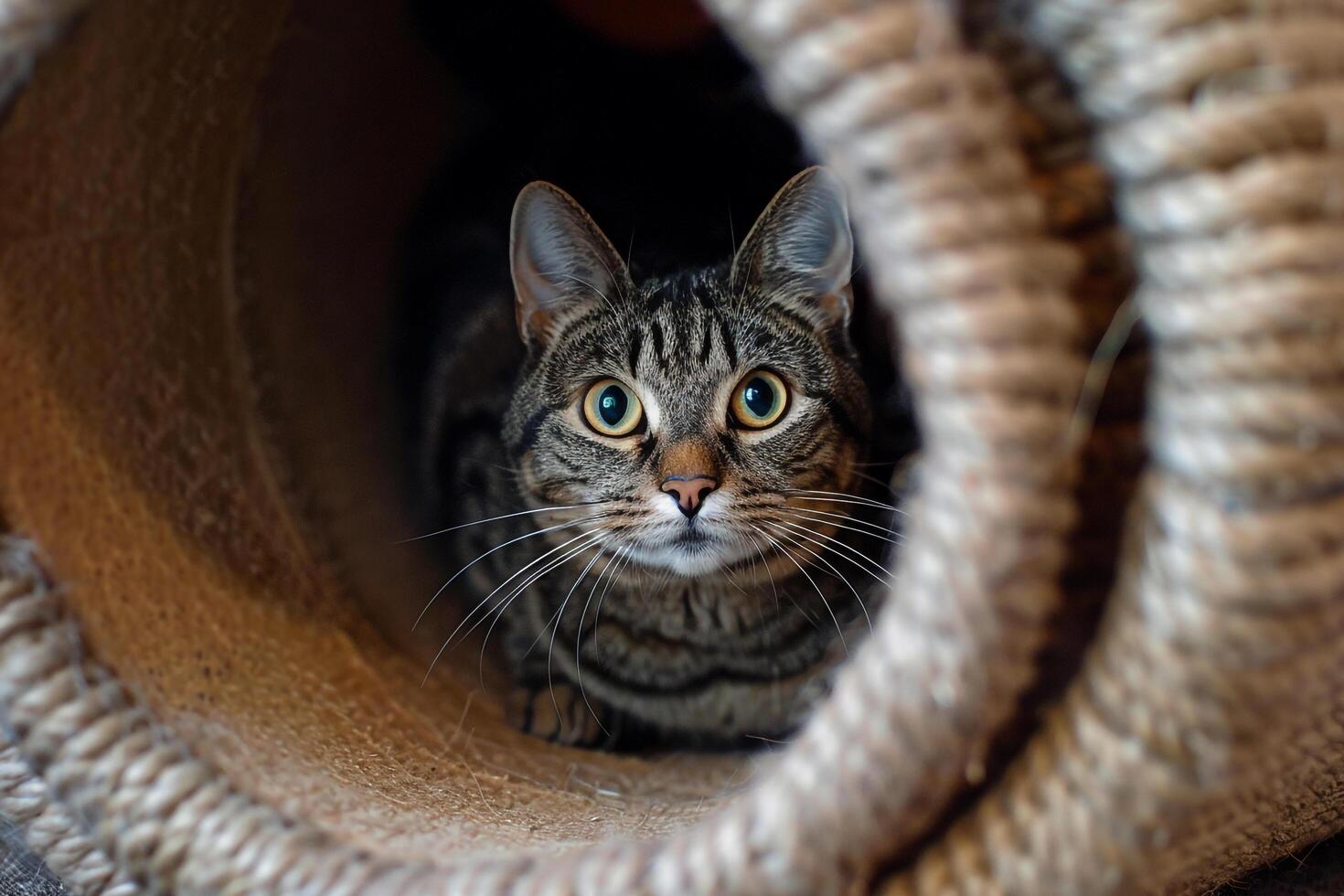 Tabby cat exploring a cat tunnel with curiosity peeking out from various spots background photo