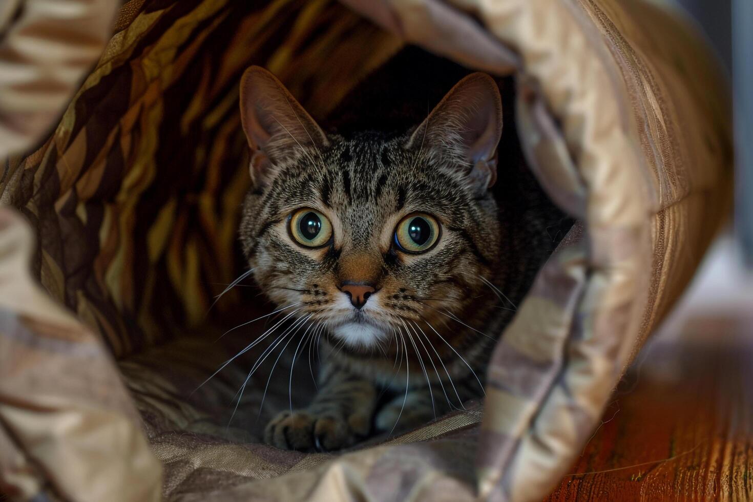 Tabby cat exploring a cat tunnel peeking out with curiosity and playfulness background photo