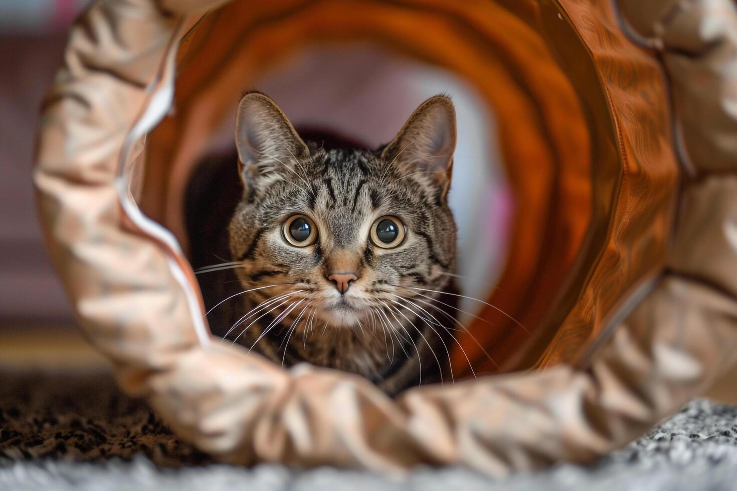 Tabby cat exploring a cat tunnel with curiosity peeking out from various spots background photo