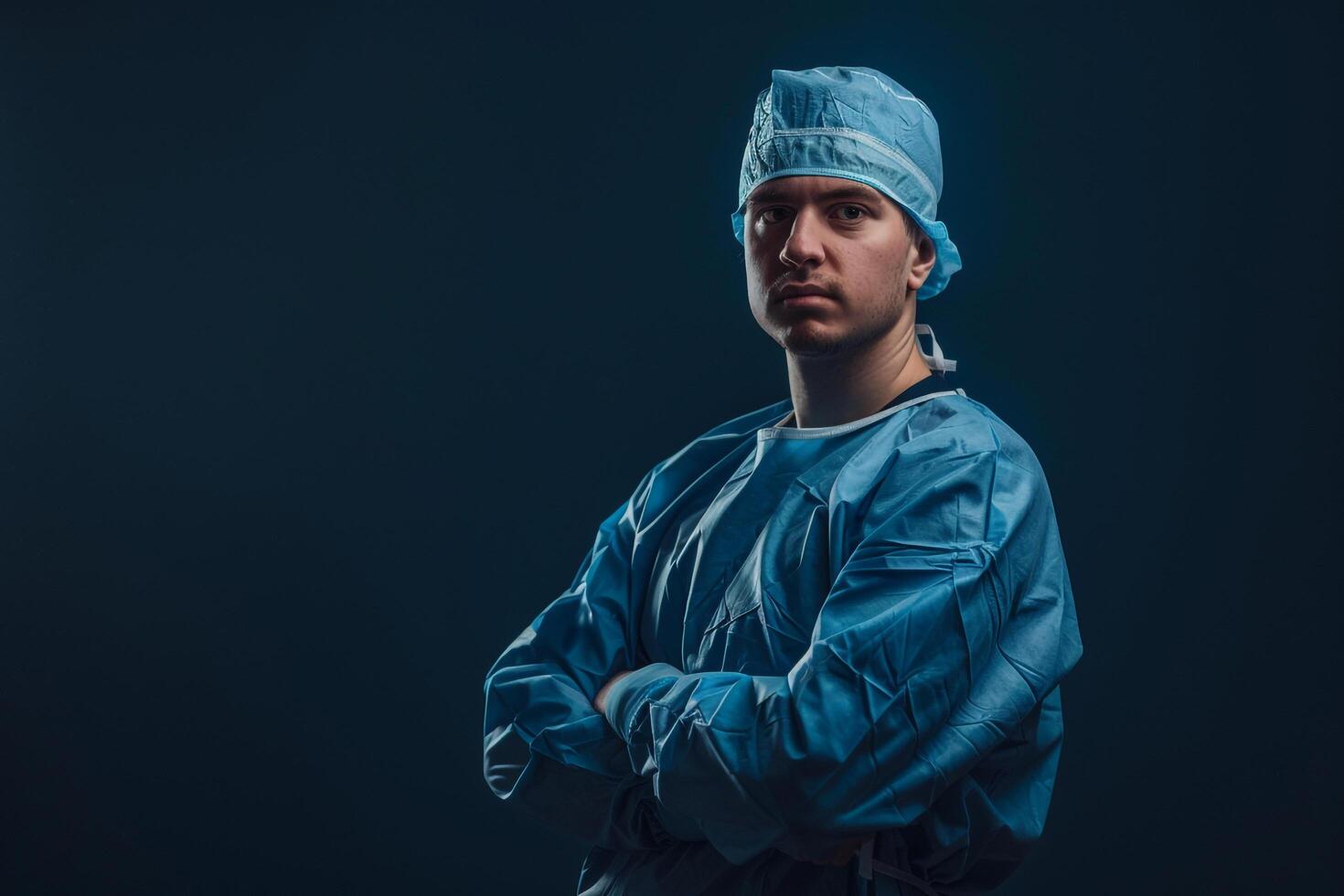 Surgeon in scrubs prepared for surgery with a  background for a dramatic effect background photo