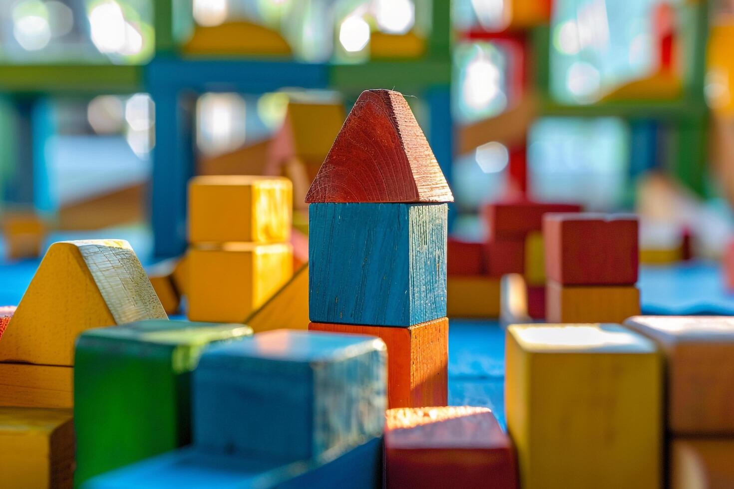 Wooden building blocks arranged in an orderly fashion suitable for construction play background photo