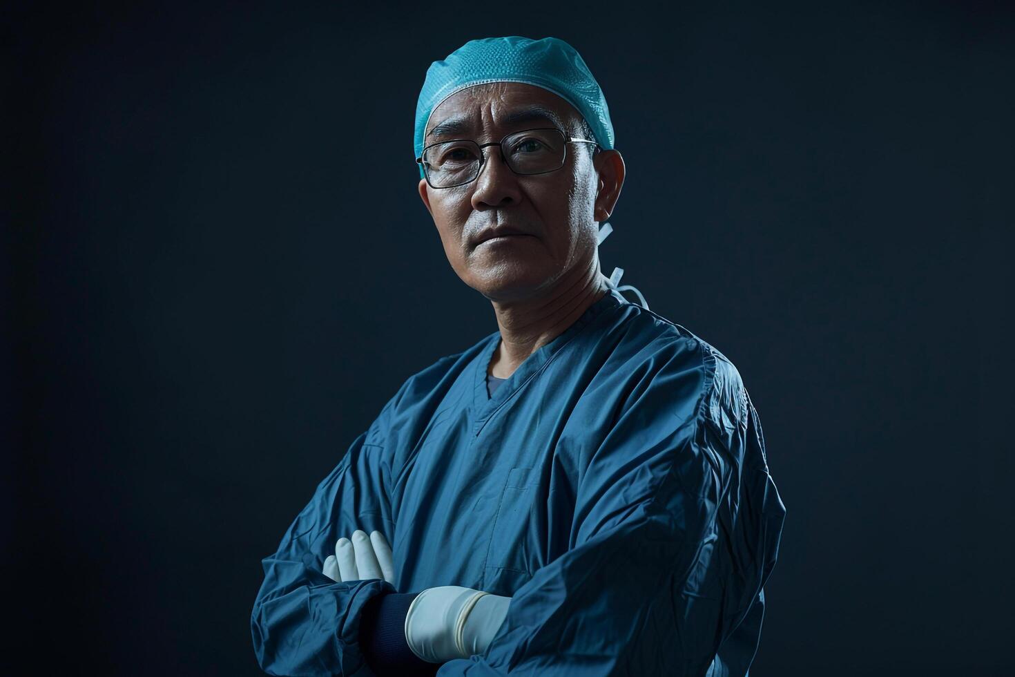 Surgeon in scrubs ready for surgical tasks with a  background showcasing concentration background photo