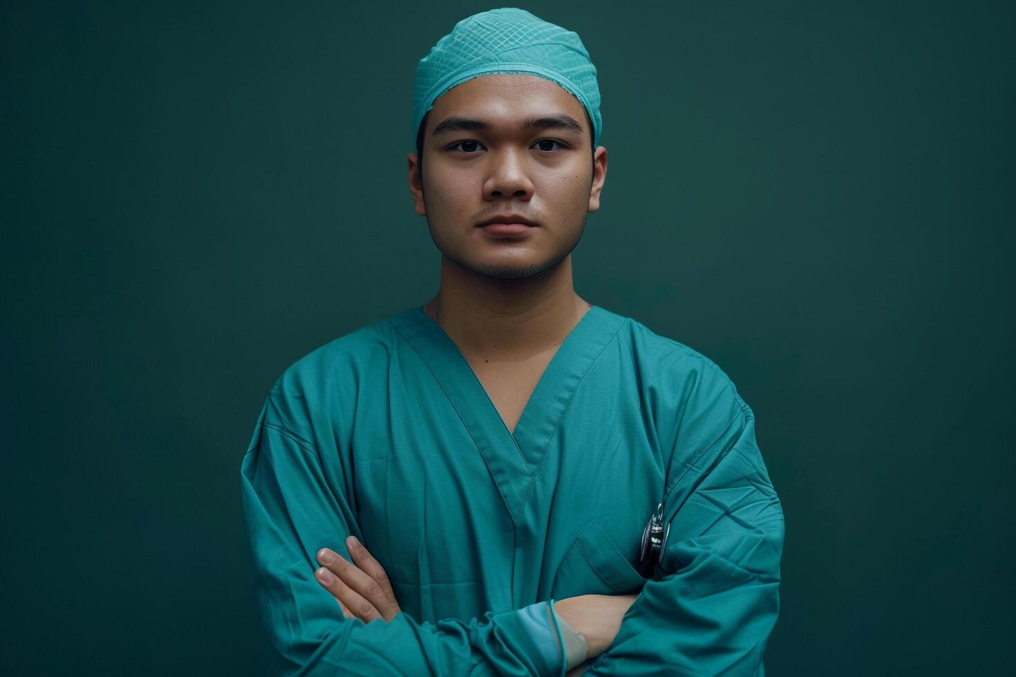 Surgeon in scrubs prepared for an operation with a  background highlightingbackground photo