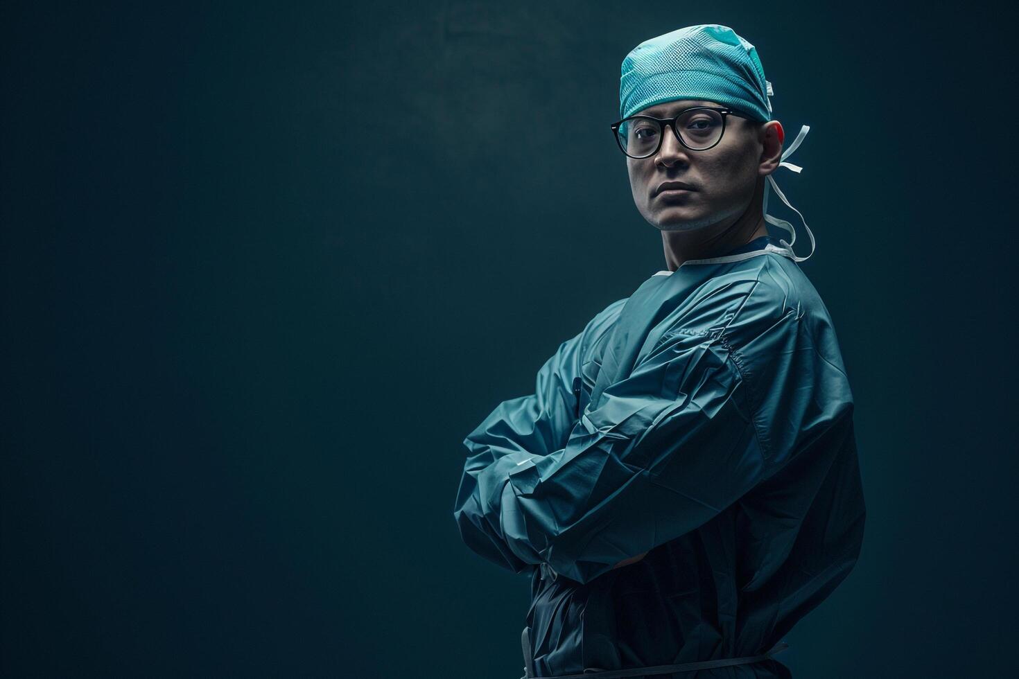 Surgeon in scrubs poised for an operation with a  background highlighting expertise background photo