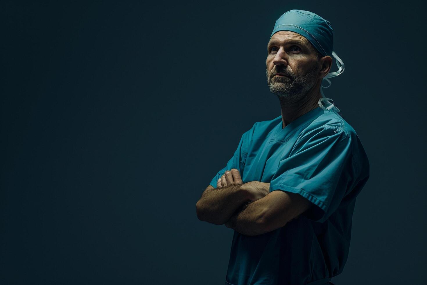 Surgeon in scrubs set for surgery with a  background emphasizing preparedness andbackground photo