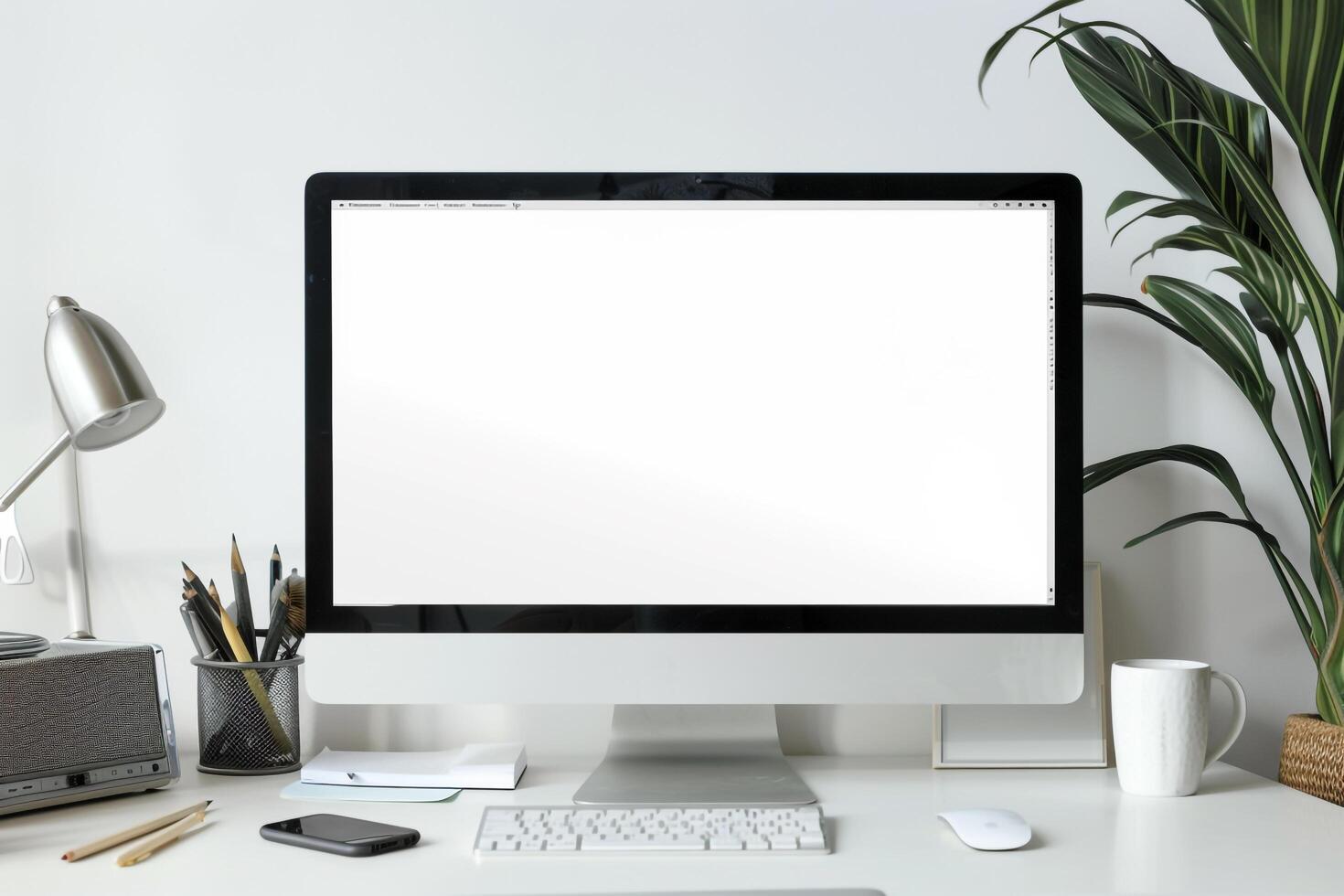 Trendy Computer Mockup with  Stylish Background photo