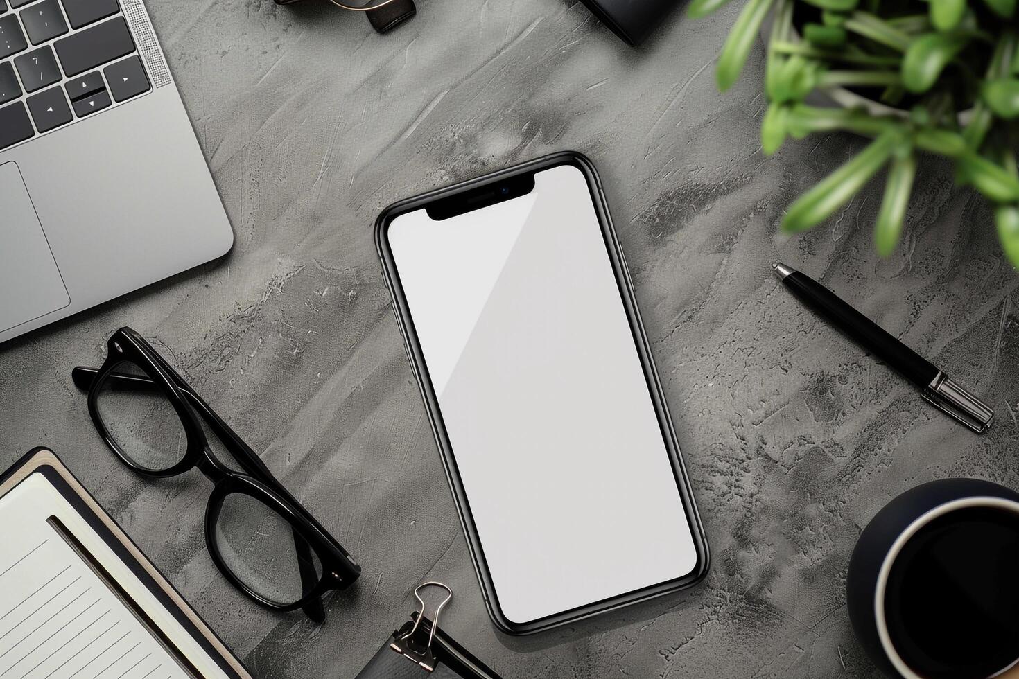 Smartphone with Business Accessories on Office Desk Background photo