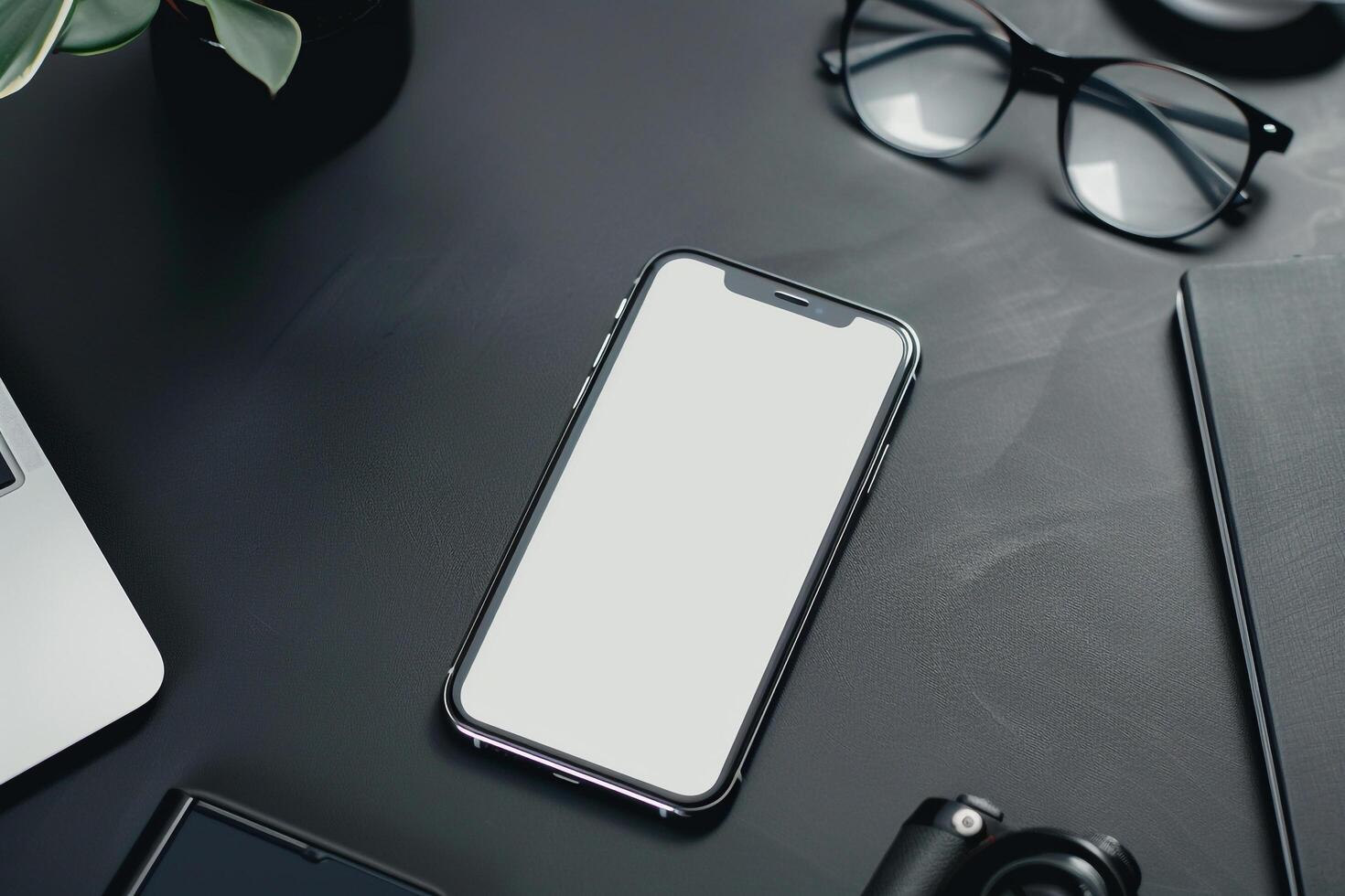 Smartphone on Desk with Office Accessories Background photo