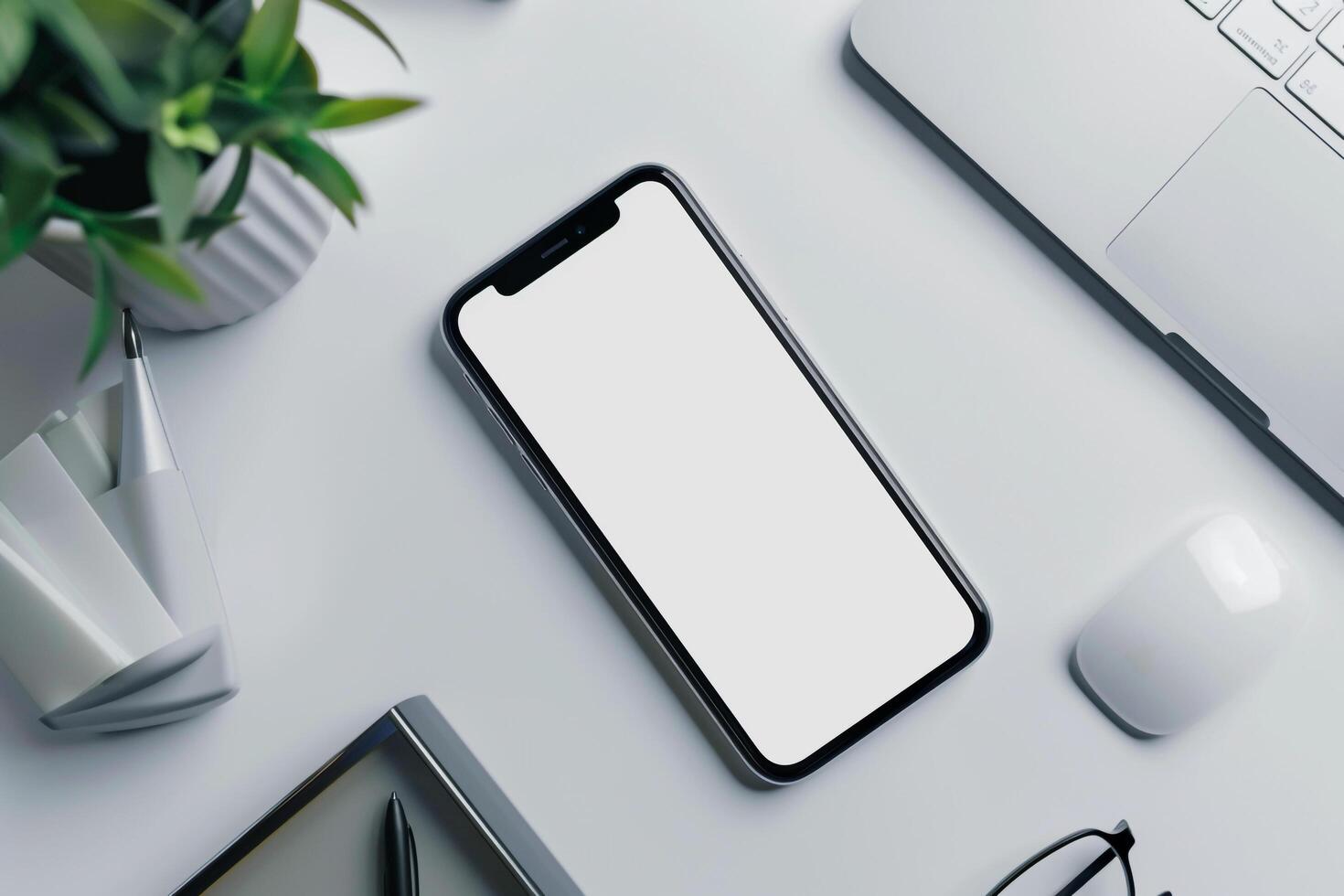 Smartphone on Office Desk with Business Accessories Background photo