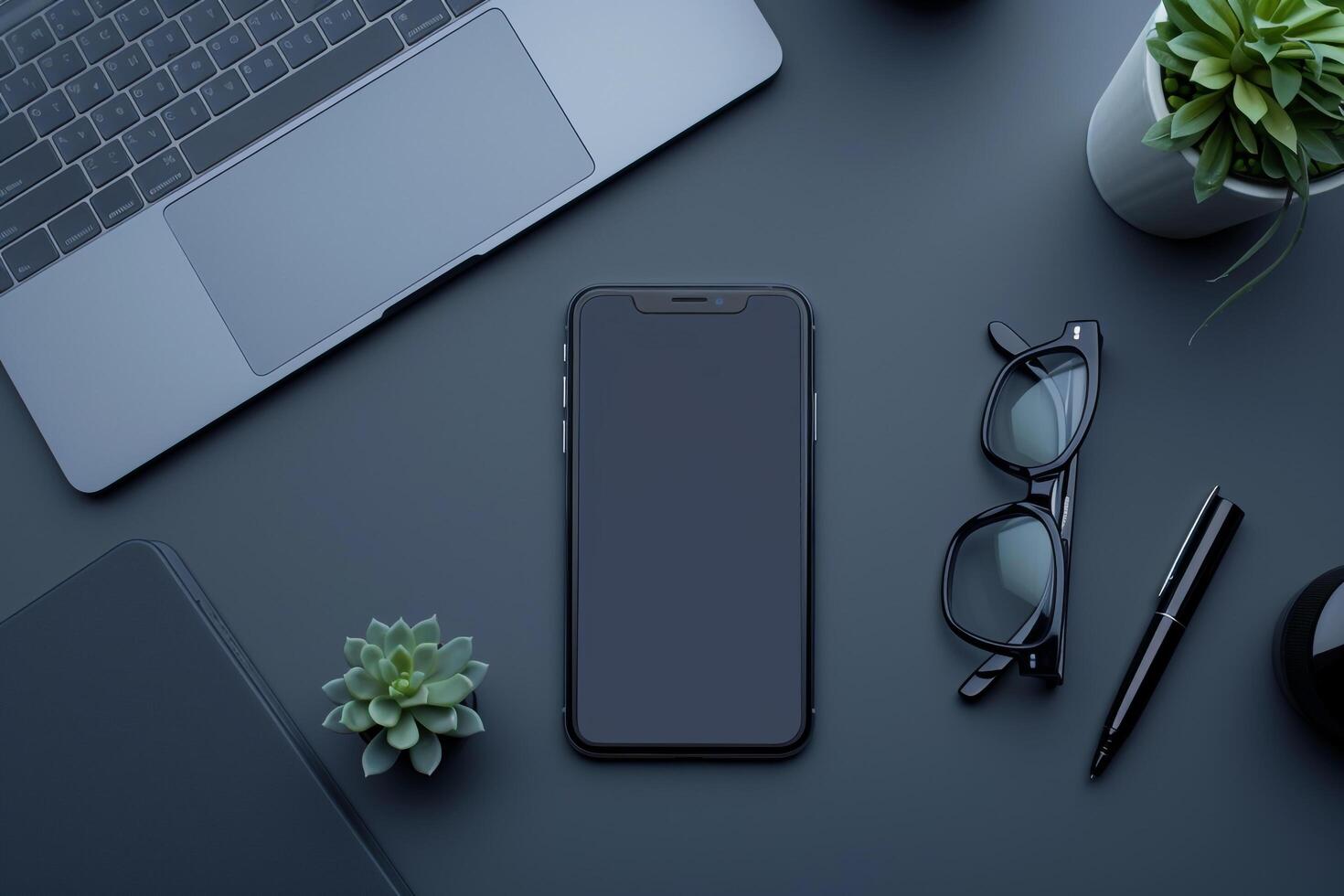 Smartphone on Office Desk with Business Essentials Background photo