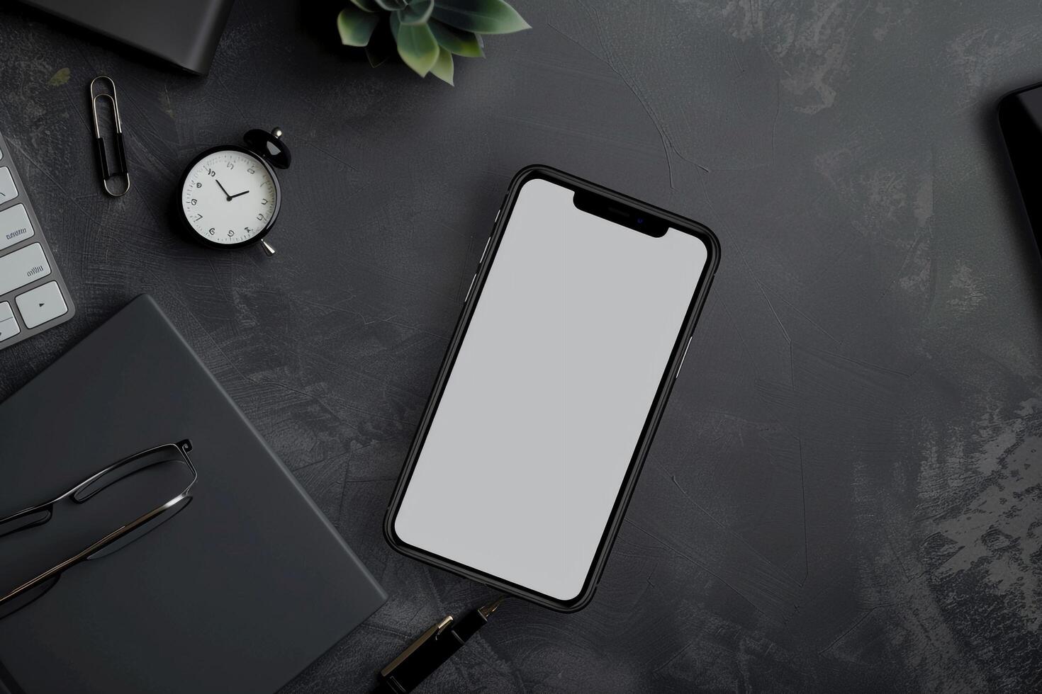 Digital Workspace with Smartphone and Business Accessories on Desk Background photo