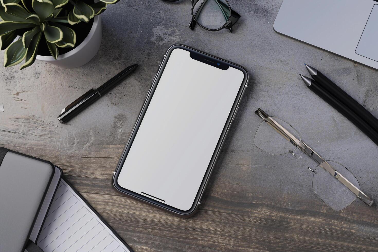 Smartphone on Stylish Office Desk with Business Accessories Background photo