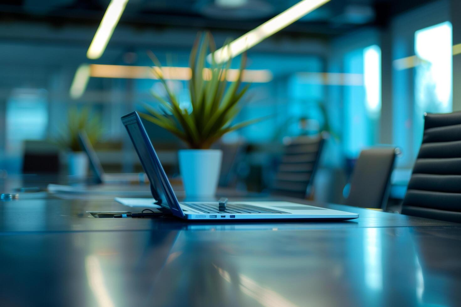 Conference Room with Executives Using Laptop Mockups for Presentation Background photo