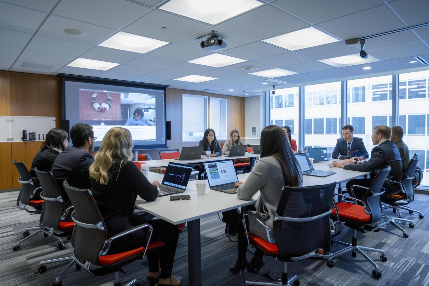 Executive Conference Room with Laptops and Presentation Mockups Background photo