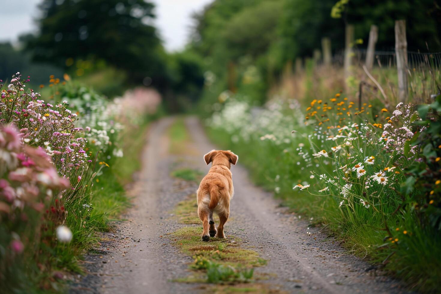 Dog Walking Down Country Path Lined with Blooming Wildflowers photo