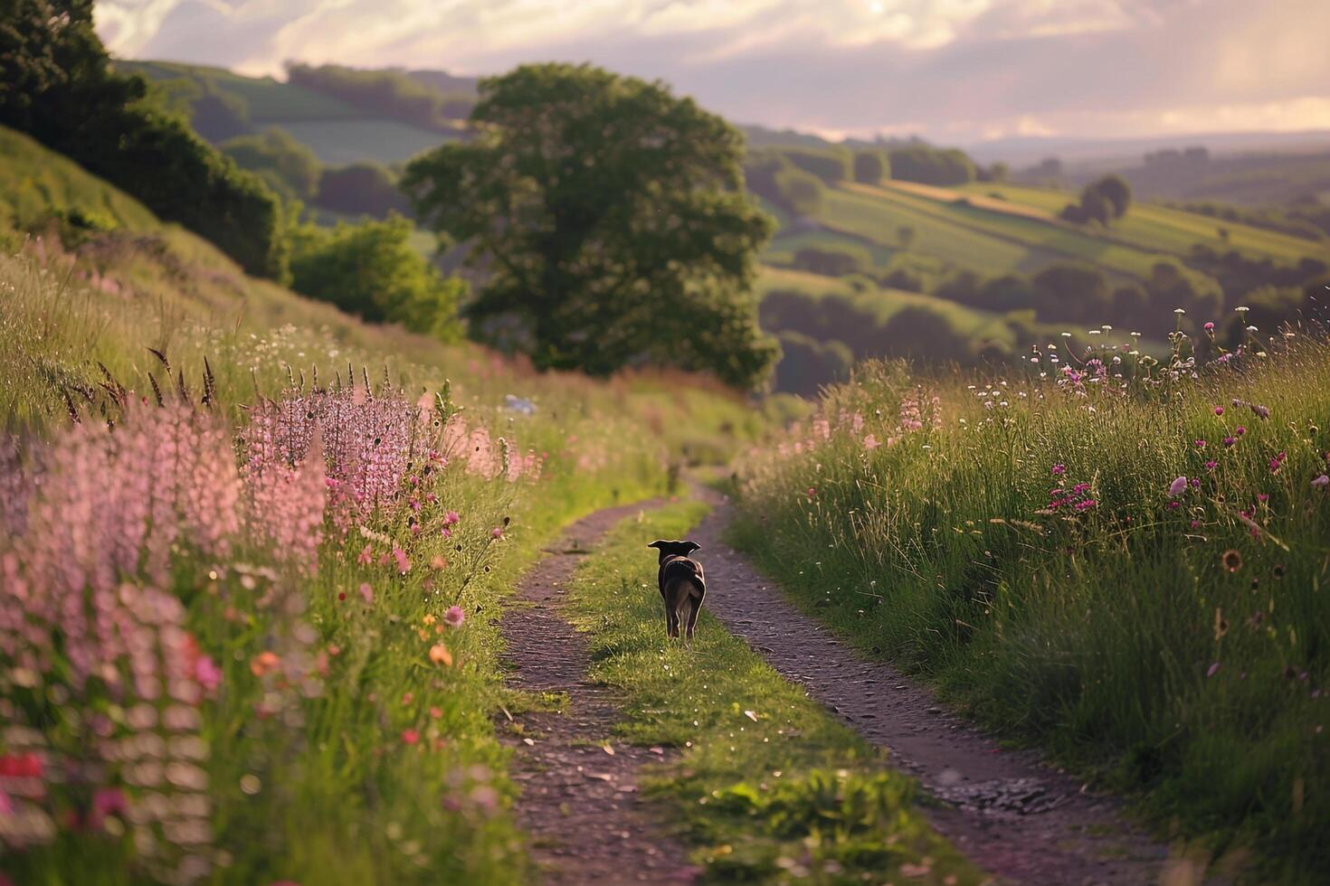 Dog Walking Down Country Path Lined with Blooming Wildflowers photo