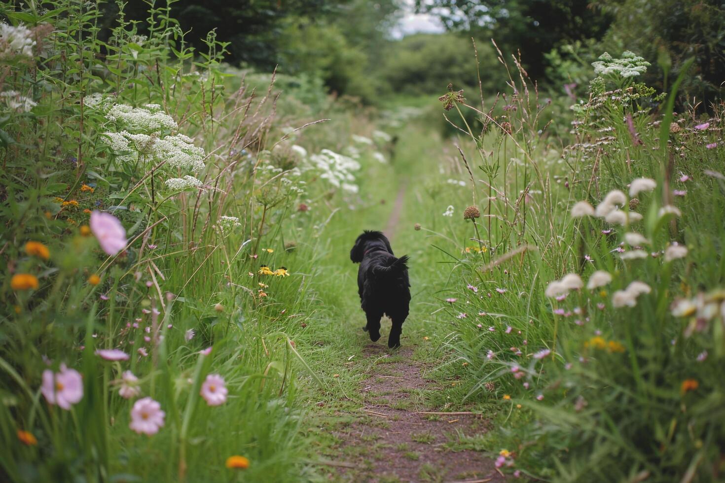 Dog Walking on Peaceful Trail with Blooming Wildflowers in Serene Countryside photo