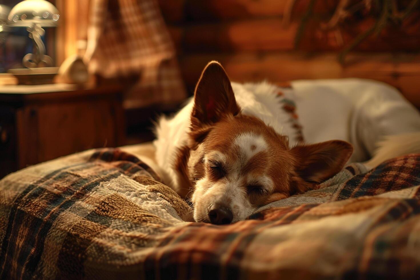 Dog Nestled on a Plaid Blanket in a Cozy Log Cabin for a Warm and Inviting Winter Retreat photo