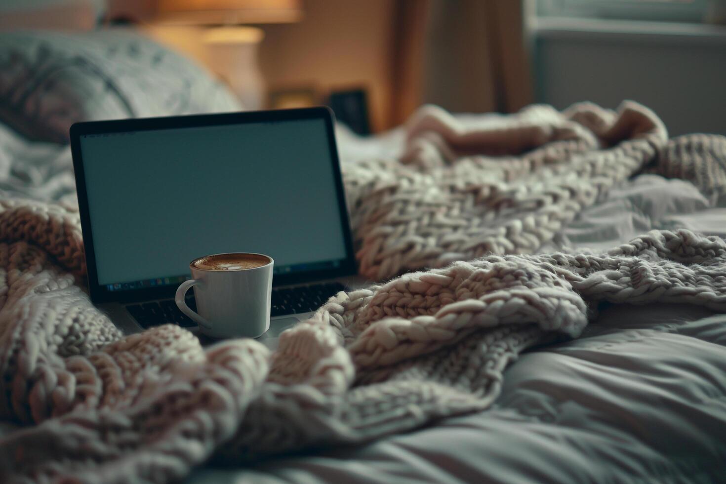 Cozy Laptop Mockup Displayed on a  Bed with a Blanket and Coffee for Home Office Comfort photo