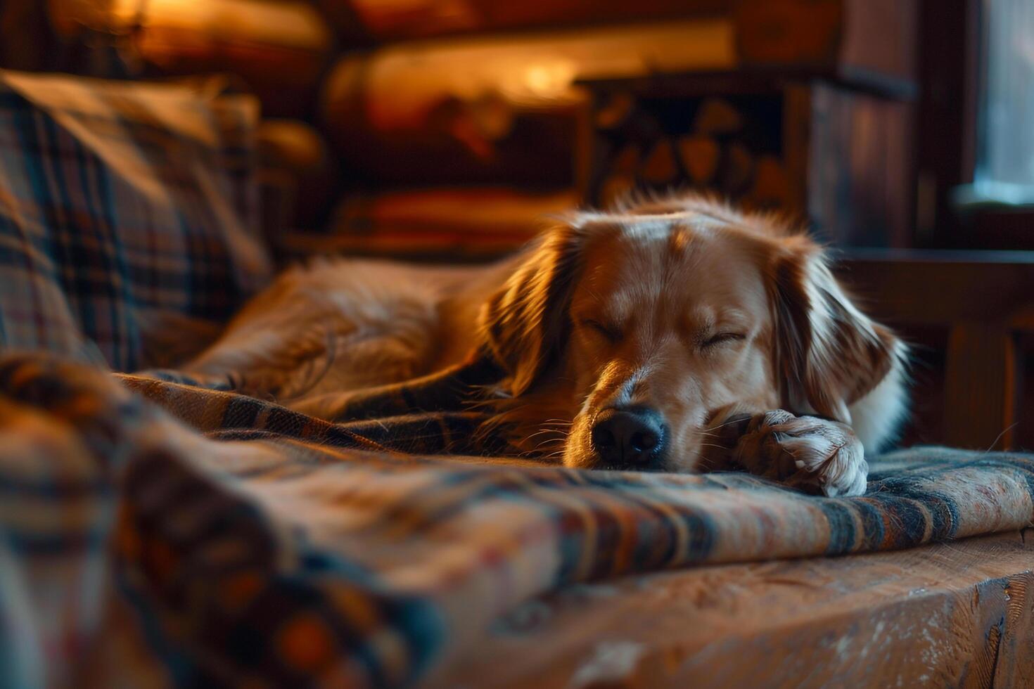 Dog Lounging on a Plaid Blanket Inside a Rustic Log Cabin for a Cozy and Relaxing Winter Day photo