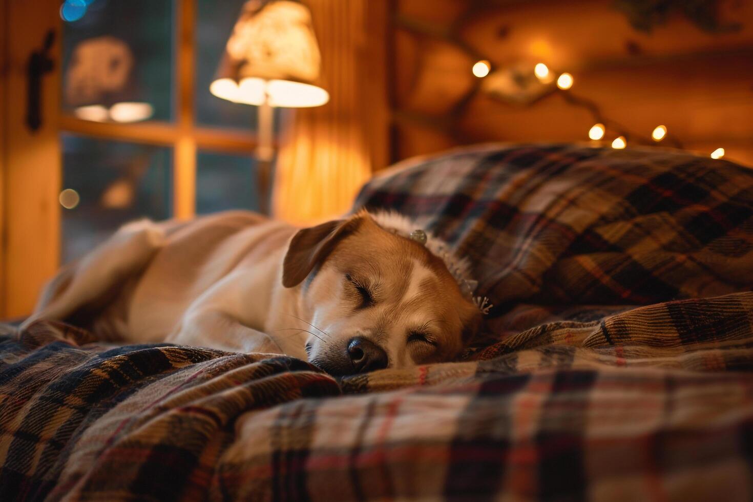 Dog Comfortably Resting on a Plaid Blanket Inside a Cozy Log Cabin with Rustic Winter Charm photo