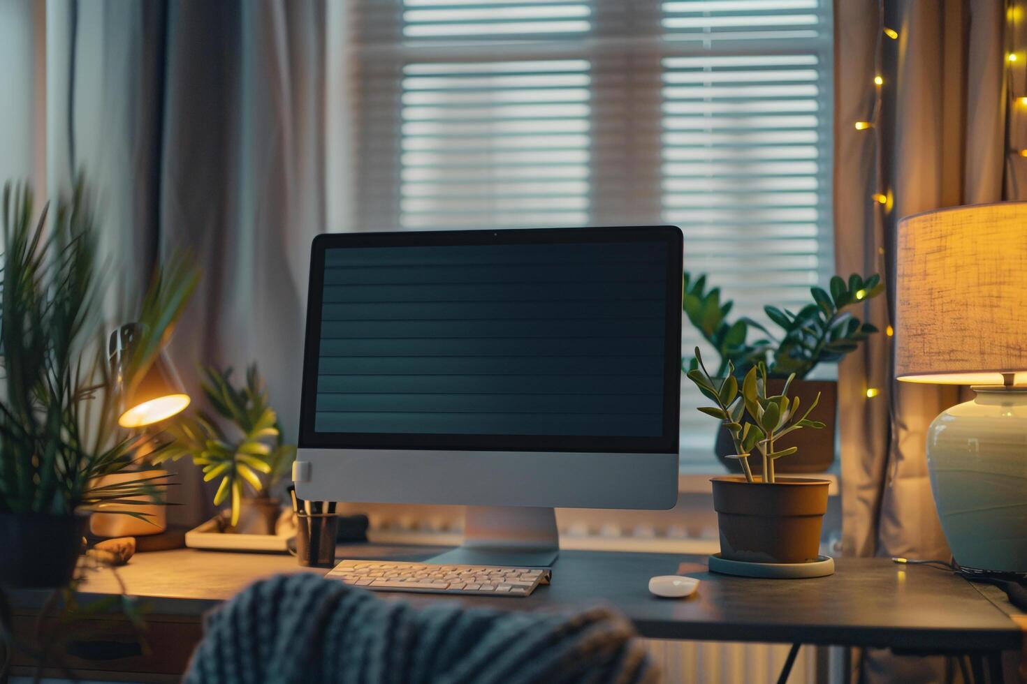 Comfortable Desktop Computer Mockup for a Relaxed and Cozy Home Office Environment photo